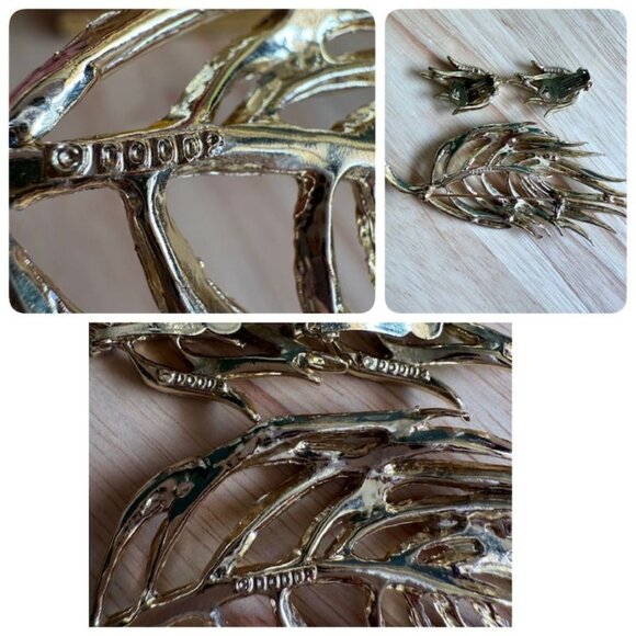 Vtg Doods Brooch & Earring Set Green Iridescent Rhinestones Gold Tone Statement - Picture 9 of 10